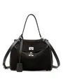 Classic black medium tote bag in matte suede and smooth leather with silver clasp - Small Silver Buckle / Black