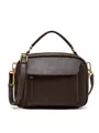 Dark brown leather handbag with lychee texture and adjustable crossbody shoulder strap - Chocolate