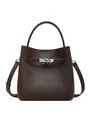 Dark brown lychee grain leather bucket bag with silver lock and detachable strap - Coffee