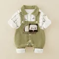Baby jongen romper voor lente met groene corduroy bandjes en panda borduurwerk - 73cm / Groen