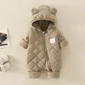 Light brown quilted baby hooded romper with bear ears and cartoon embroidery detail - 66 / Khaki