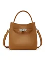 Brown bucket bag in litchi grain cowhide leather with silver metal turn-lock closure - Brown