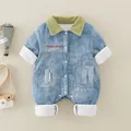 Thickened denim infant romper with green striped collar and warm fleece lining in light blue - 66cm / Blue