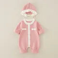 Rosa Strick-Strampler für Babys und passende Mütze mit Wabenstruktur und weißem Saum - Rosa / Größe 66