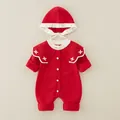Roter Baby-Strickstrampler mit weißem Rüschenkragen und passender spitzer Mütze - 80 / Rot