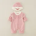 Gestrickter Baby Strampler Set für Mädchen in Rosa mit Stickerei und passender Haube - 73 / Rosa