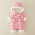 Rosa geblümter Baby-Schneeanzug mit Kapuze, dicker Wattierung und weißem Kunstfellbesatz - 66cm / Rosa