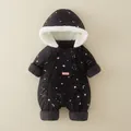 Dicker Baby-Winteranzug in Schwarz mit Sternenhimmel-Druck und Kunstpelz-Kapuze - 66cm / Schwarz