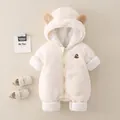 Tutina con cappuccio in pile beige con orecchie da orso 3D e ricamo a cartone animato - Taglia 73 / Bianco avorio