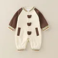 Baby boy baseball style romper with brown sleeves and 3D plush bear decorations - 73cm / Top And Bottom / Coffee Frog Romper