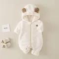 Soft white hooded baby romper in plush fleece with cute brown bear ears and front zipper - 73CM (Non-quilted) / Off White