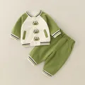 Green and cream baseball jacket set with three 3D frog cartoons for baby boys - 73cm / Top And Bottom / Green Frog Jacket And Pants