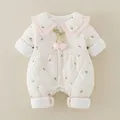 Thick winter infant romper in cream with pink cherry patterns and plush trim - 66cm / Beige