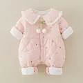 Pink quilted baby romper with white ruffle collar and bow for newborn autumn and winter - 66cm / Pink