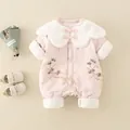 Pink newborn winter romper with faux fur collar and traditional Chinese floral patterns - Pink / 66cm