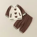 Toddler baseball jacket and pants set in brown with 3D teddy bear ornaments - 73cm / Top And Bottom / Brown Frog Jacket And Pants