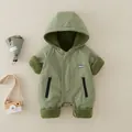 Olive green hooded baby romper with fleece lining and Cabbage embroidery detail - 66cm / Top And Bottom / Green
