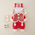 Roter Baby-Strampler im traditionellen chinesischen Stil mit Löwentanz-Hut und Schuhen - 66cm / Jungen-Stil mit Hut