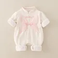 Baby Mädchen Baumwolle Strampler in Cremeweiß mit rosa Schmetterlingsstickerei und Waffelstruktur - Rosa / 66cm
