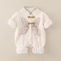 Baby-Einteiler in Creme aus Waffelstrick mit Schmetterlingsmotiv und Chinaknöpfen - Braun / 66cm
