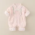 Light pink baby romper with Chinese style floral embroidery and jacquard fabric - Pink / 80