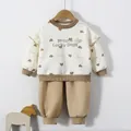 Toddler girls' cream sweatshirt set with lucky dog heart print and brown jogger pants - Brown