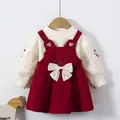 Completo 2 pezzi bambina con scamiciato in velluto rosso e top bianco con maniche a sbuffo - Rosso
