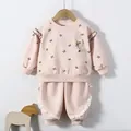 Ensemble sweat rose pour fillette avec motifs nœuds noirs et détails en dentelle - Rose / 90cm