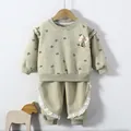 Girls sage green sweatshirt set with bow prints and delicate lace-trimmed pants - Green