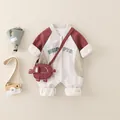 Infant long sleeve romper in beige and burgundy with letter embroidery and dog bag - 73cm / Beige Grey