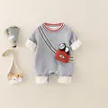 Gray cotton long sleeve baby romper with panda pocket and sporty strap print - Gray / 66cm