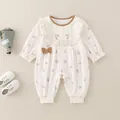 Beige bloemen babyromper met kanten kraag, borduursel en bruin strikje als detail - 66CM / Broken Wit