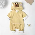 Infant yellow knit bear-themed romper with 'CUTE BEAR' embroidery and hooded ears - Yellow / 73cm