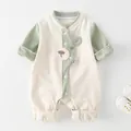 Cute long-sleeved baby romper in waffle knit fabric with cream and sage green patchwork - 66 / Green