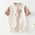 Infant waffle knit long sleeve romper in cream and brown with bear patch detail - 66 / Khaki