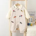 Infant cotton jumpsuit with 'Treasure' embroidery and cute dog pattern in beige - Milk Gray Set / 73cm
