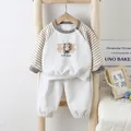 Grauer Baby-Baumwollanzug mit gestreiften Ärmeln und 3D-Plüschbär-Applikation - Oberteil Und Unterteil / Kaffeebraunes gestreiftes Set / 73cm