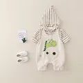 Conjunto de bebé con camiseta de rayas y peto beige con dinosaurio en suave algodón - 73cm / Albaricoque Beige