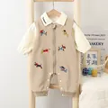 Baby cotton jumpsuit in khaki and cream with colorful cartoon dog embroidery motifs - Khaki Set / 66cm