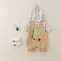 Conjunto de bebé de 2 piezas con sudadera a rayas y peto marrón con parche de dinosaurio - 73cm / Café Albaricoque
