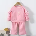 Mädchen Sweatshirt-Set in Rosa mit Spitzenbogen und passender ausgestellter Hose - Rosa / 90cm