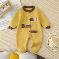 Infant ginger yellow knitted romper with cute bear patch and button closure - 66cm / Yellow