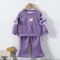 Lila Mädchen Langarm Sweatshirt und Hose Set mit weißer Spitze Schleife Dekor - Lila / 90cm