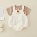 Infant cotton two-piece set featuring brown striped top and beige bear overalls - 66 / Beige