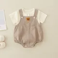 Short-sleeve cotton baby bodysuit and overalls set with cute bear embroidery - 66 / Gray