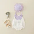 Infant girl cotton romper set in purple plaid pattern with matching sun hat and heart embroidery - 66cm / Purple Plaid Patchwork White