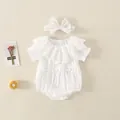 Body de algodón blanco para bebé con cuello de encaje y diadema de lazo - Blanco / 66CM