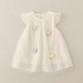 Off-white girls' princess dress with flutter sleeves and colorful 3D heart accents - Beige / 80cm