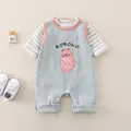 Grey waffle knit baby romper with striped sleeves and cute pink bear embroidery - Green / 73cm