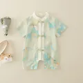 Short sleeve light green baby romper with Chinese mountain print and frog button closure - Light Green / 66cm